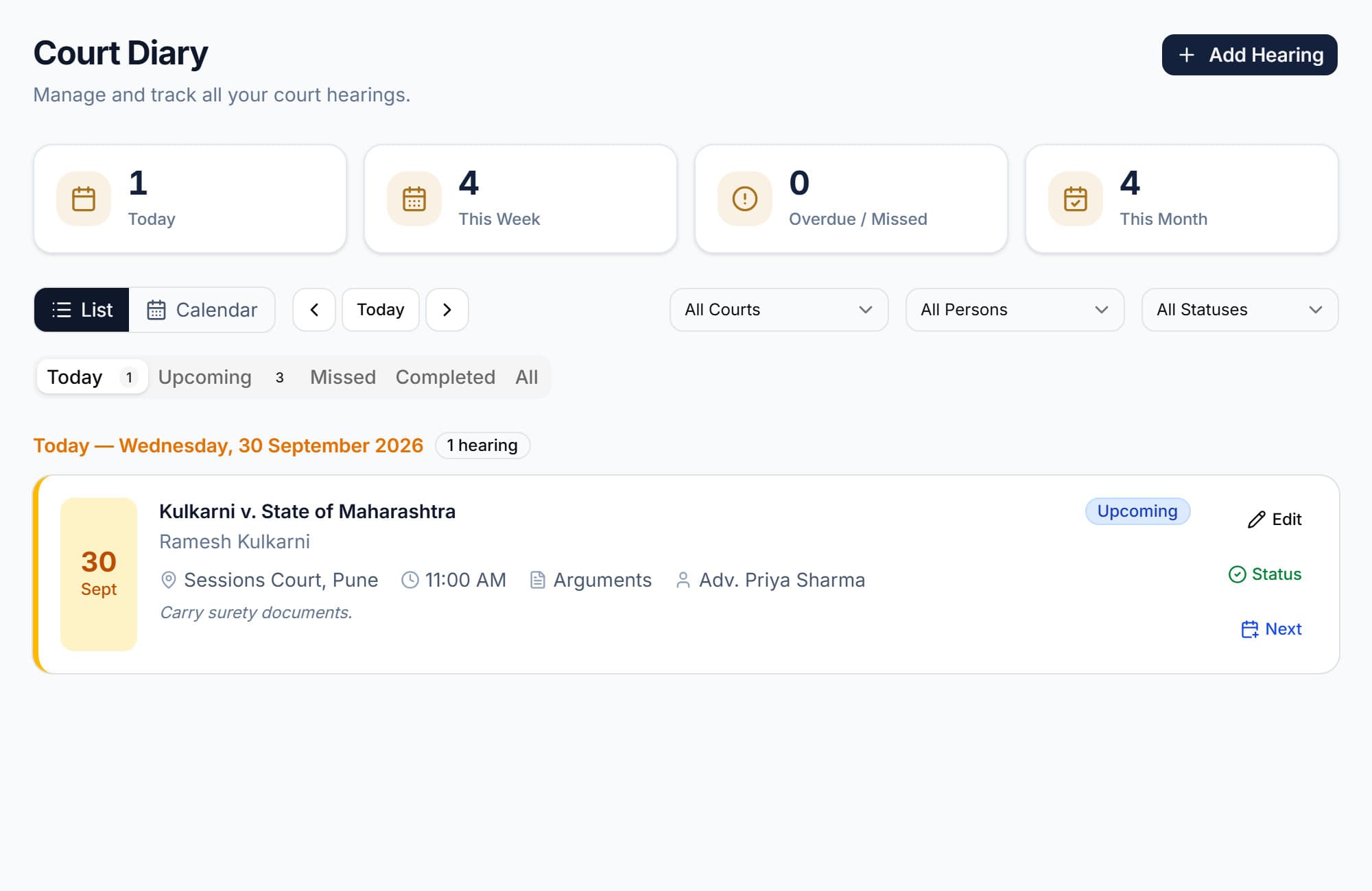 NyayVakil court diary listing hearings with court, time, purpose and status
